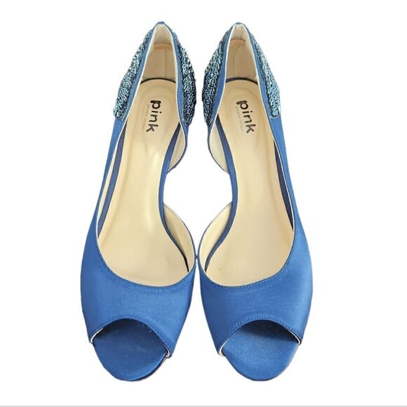 Paradox London Pink Blue Satin Embellished Beaded Peep Toe Heels - Picture 3 of 10